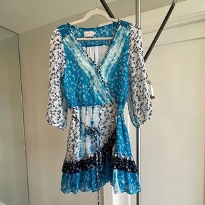 Tanya Taylor Dress -  Blue printed, long sleeved, short